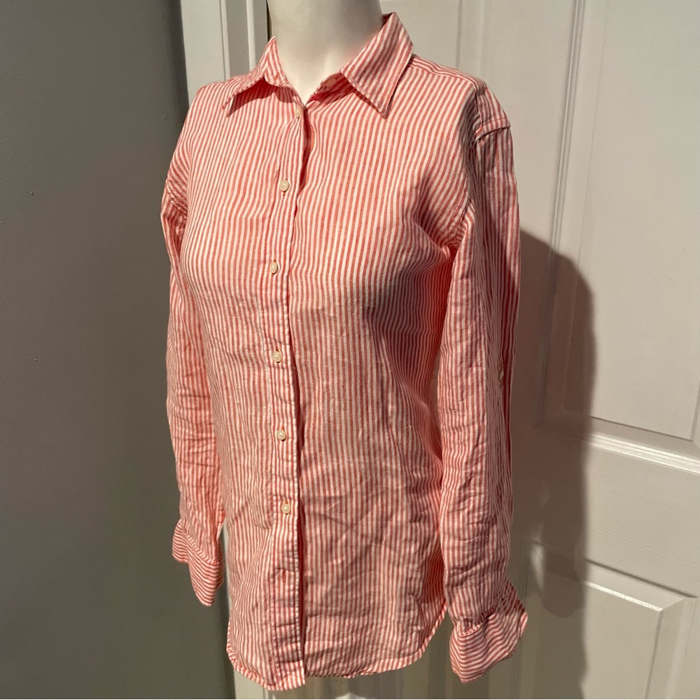 LAUREN RALPH LAUREN DARK PINK PINSTRIPE LINEN SHIRT S/SP
